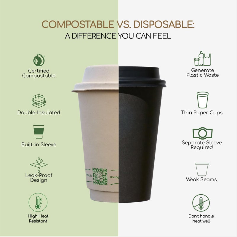 LB LIVING BALANCE Living Balance Certified Compostable Coffee Cups with Bagasse Lids 12 oz â€“ 75 Pack Cups with Stirrers & Integrated Sleeves | Leak Proof, BPA-Free & CPLA Certified Plant-based | To-Go cup for Drinks - Image 4